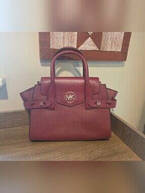 Michael Kors Wine Saffiano Leather Satchel with Gold MK Logo